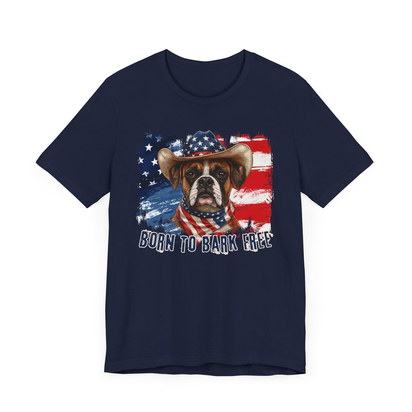 Boxer Patriotic T-Shirt "Born to Bark Free" - Dog-Themed Patriotic Design