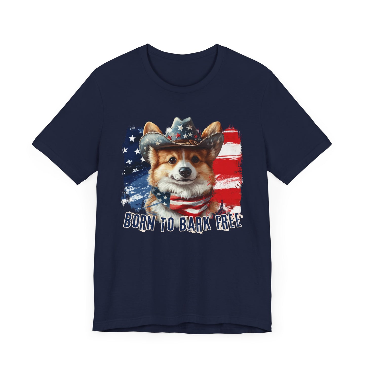 Corgi Patriotic T-Shirt "Born to Bark Free" - Dog-Themed Patriotic Design