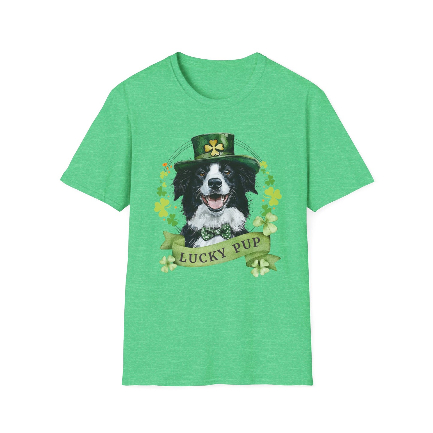 St. Patrick’s Day t-shirt featuring a Border Collie dog with a shamrock garland and festive Irish design