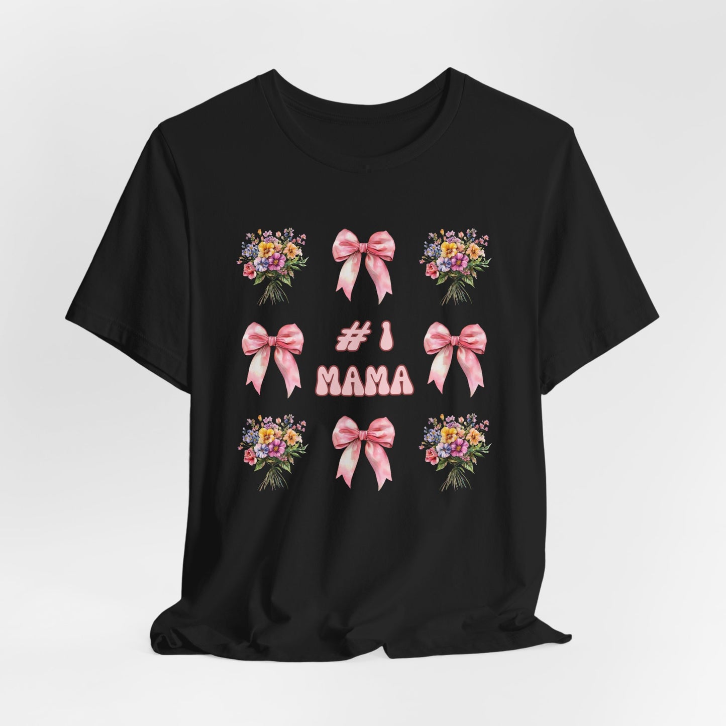 #1 Mama T-Shirt – Soft Cotton Tee with Pink Bows & Florals – Gift for Mom