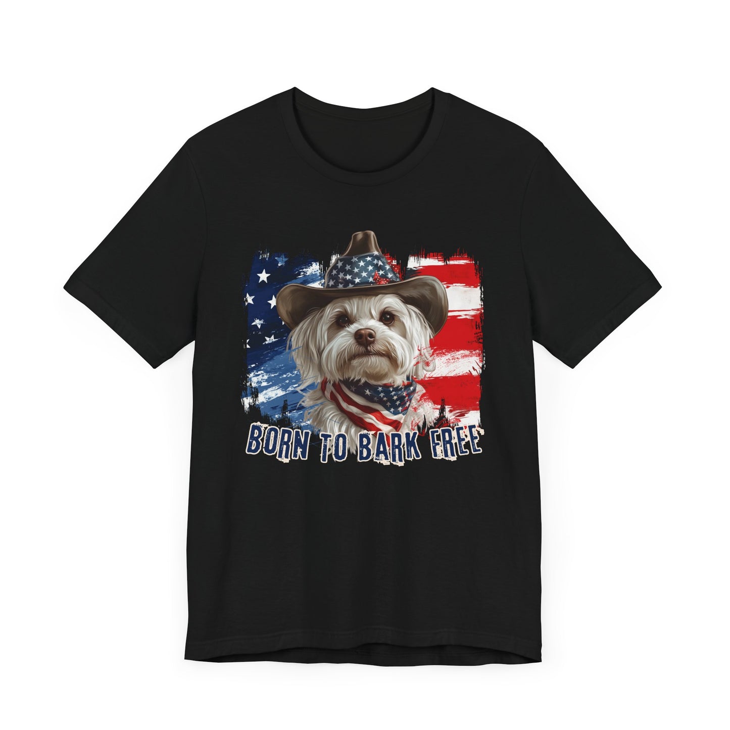Maltese Patriotic T-Shirt "Born to Bark Free" - Dog-Themed Patriotic Design