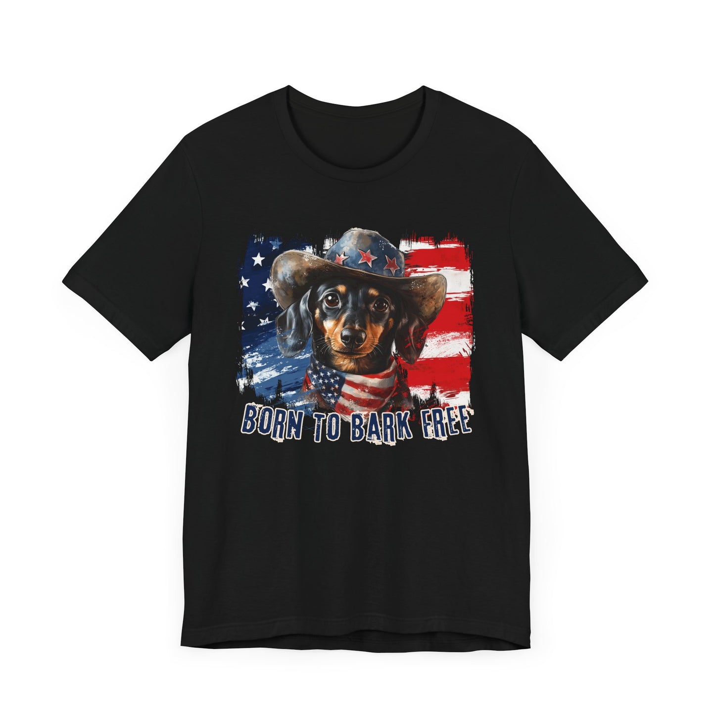 Dachshund Patriotic T-Shirt "Born to Bark Free" - Dog-Themed Patriotic Design