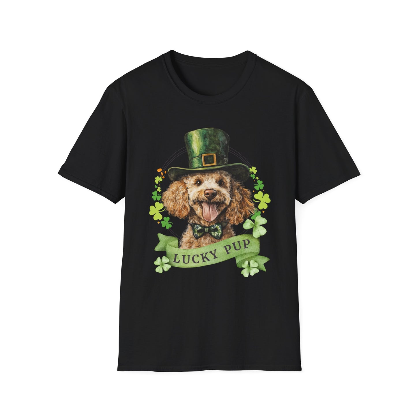 St. Patrick’s Day black t-shirt featuring a Poodle dog with a shamrock garland and festive Irish design