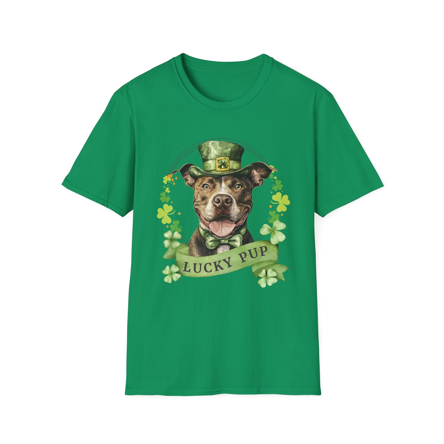 Kelly Green cotton St. Patrick’s Day tee for dog moms and dads, featuring a Pit Bull dog design