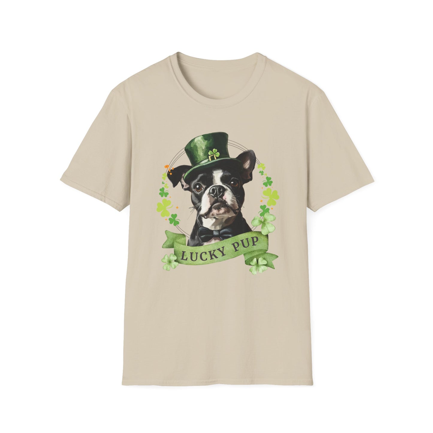 sand St. Patrick’s Day t-shirt featuring a Boston Terrier with a shamrock garland and festive Irish design