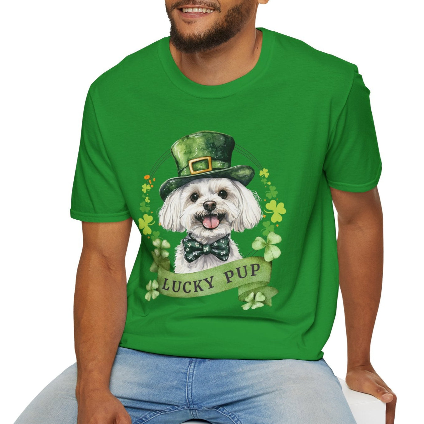 Person wearing a St. Patrick’s Day maltese dog t-shirt with a lucky shamrock print, great for dog lovers