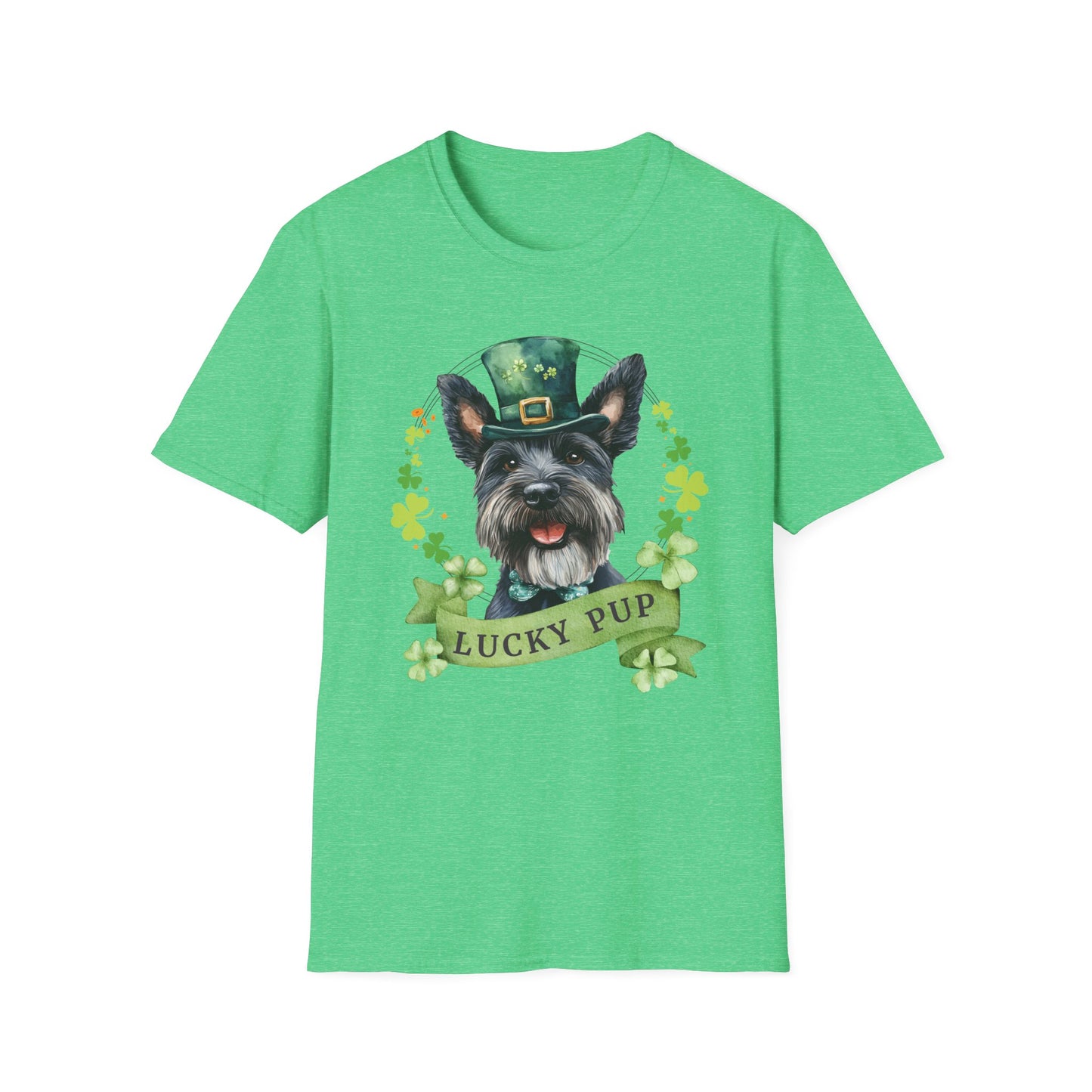 St. Patrick’s Day scottish terrier dog heather kelly green t-shirt with a lucky shamrock print, great for dog lovers