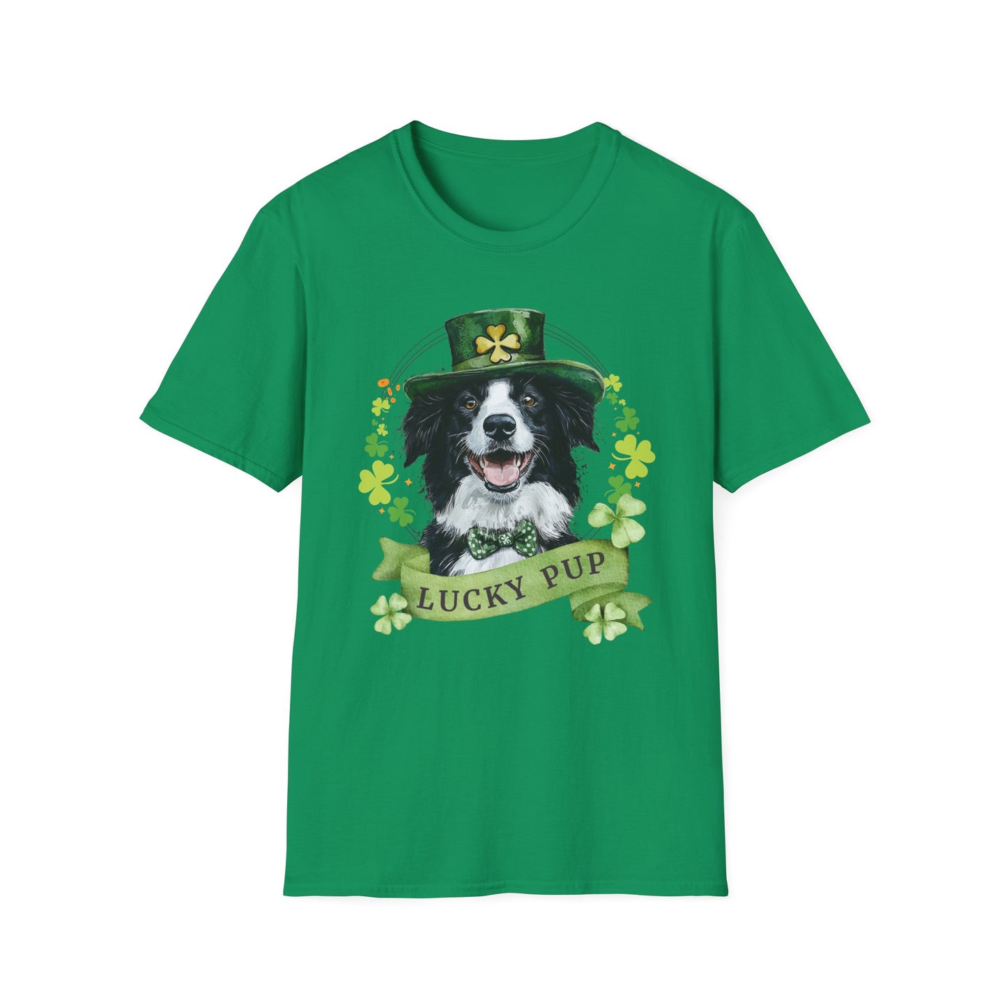 St. Patrick’s Day t-shirt featuring a Border Collie dog with a shamrock garland and festive Irish design