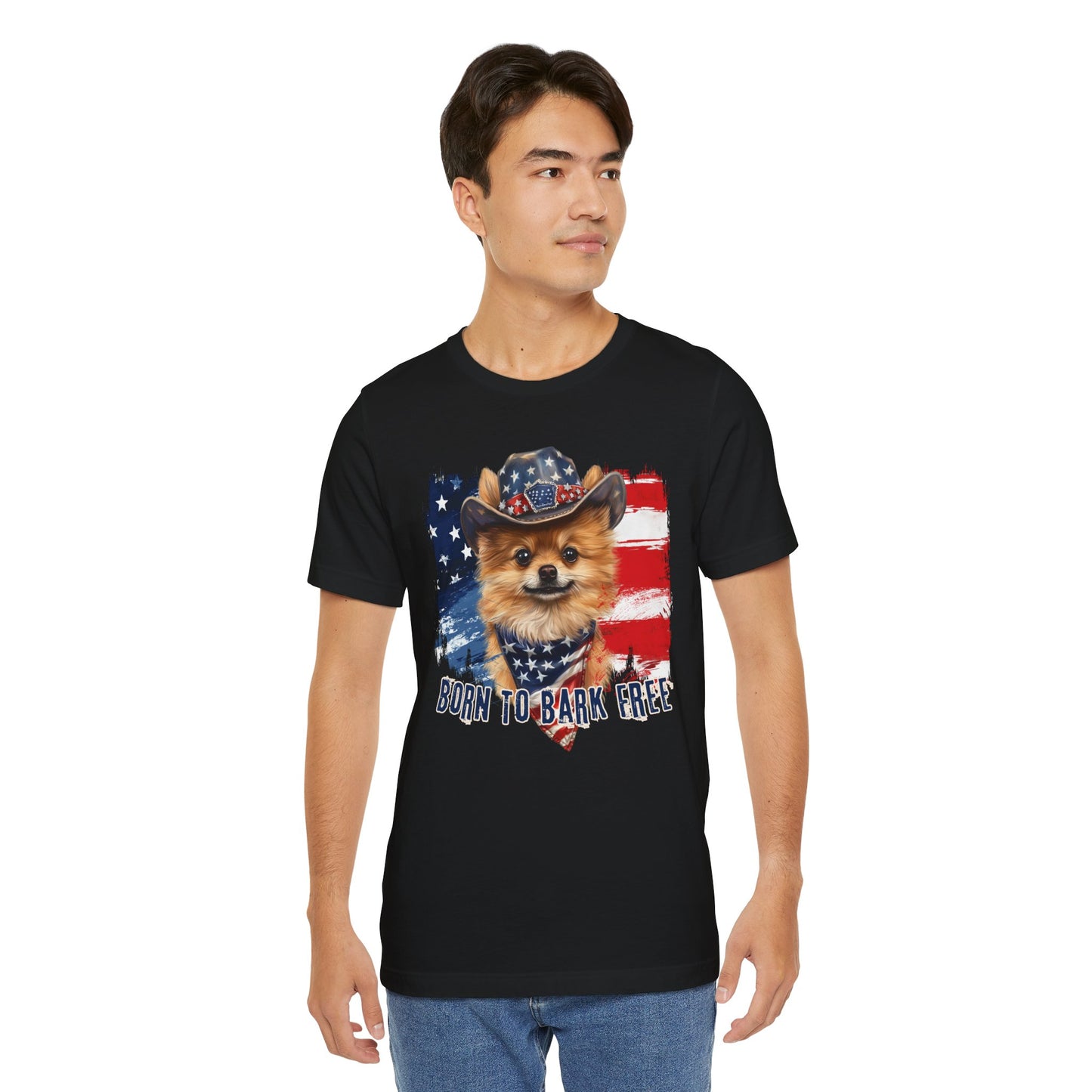 Pomeranian Patriotic T-Shirt "Born to Bark Free" - Dog-Themed Patriotic Design