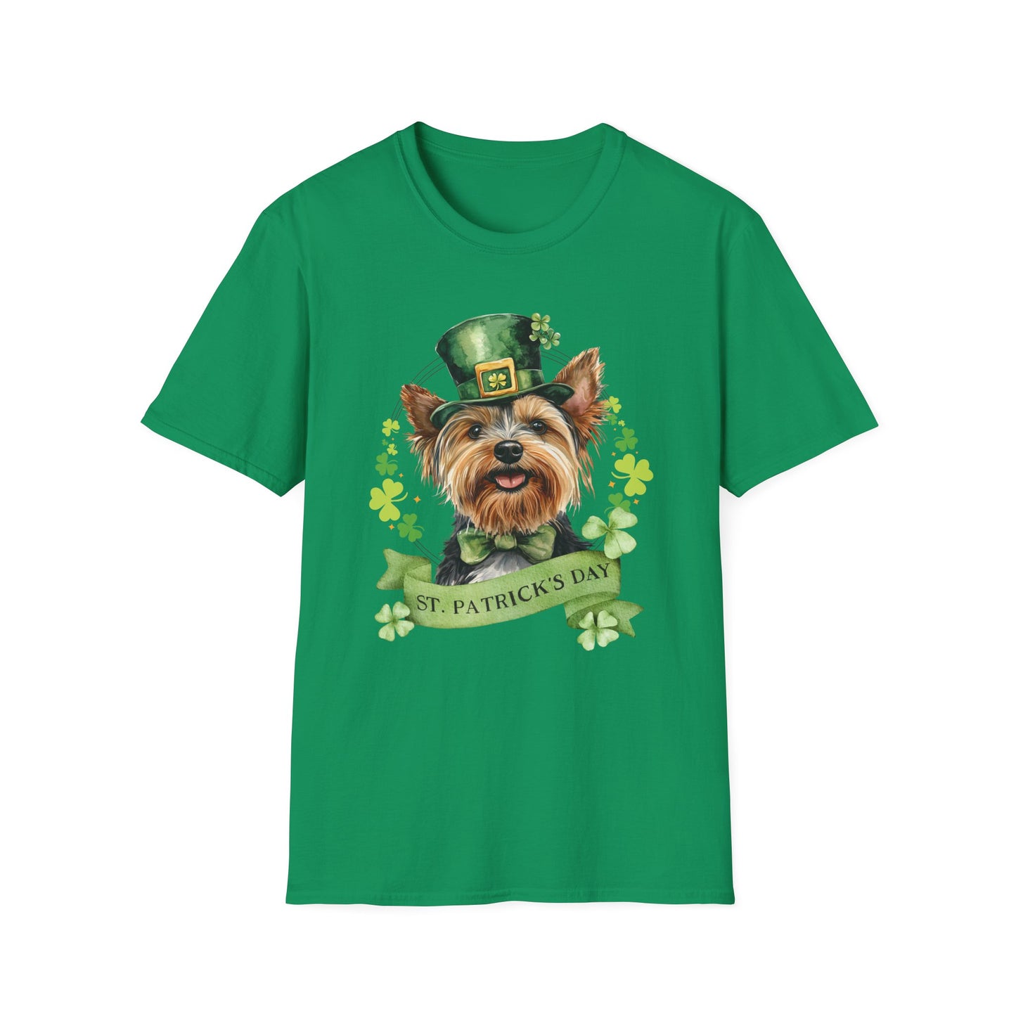 St. Patrick’s Day kelly green t-shirt featuring a yorkshire terrier - yorkie - dog with a shamrock garland and festive Irish design