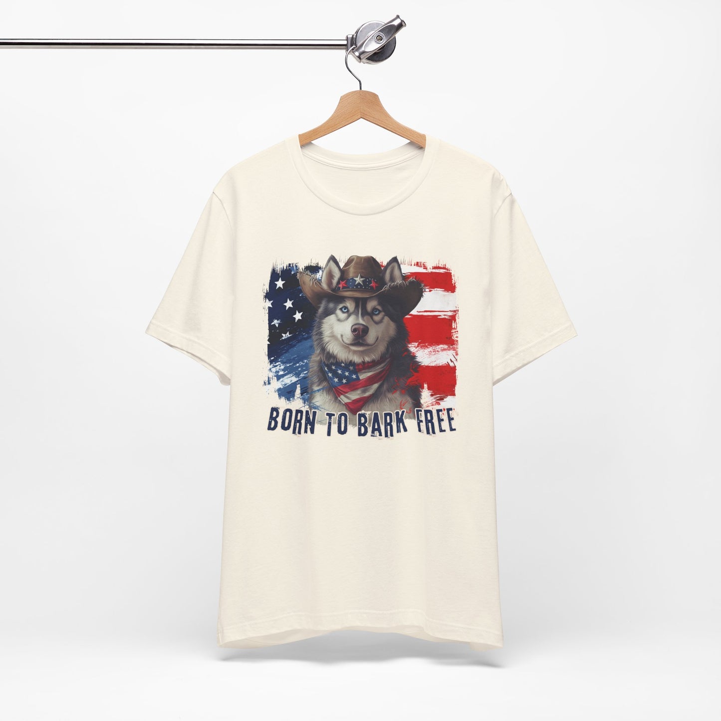 Siberian Husky Patriotic T-Shirt "Born to Bark Free" - Dog-Themed Patriotic Design