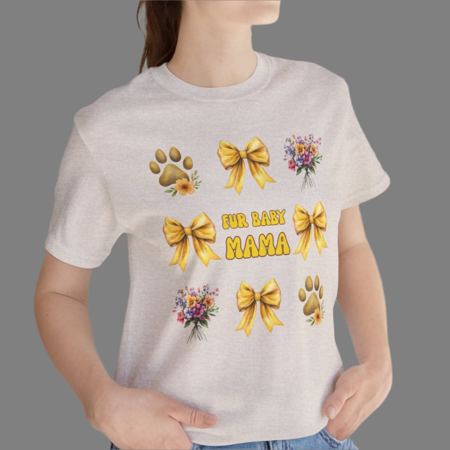Fur Baby Mama T-Shirt – Soft Cotton Tee with Yellow Bows – Gift for Pet Moms