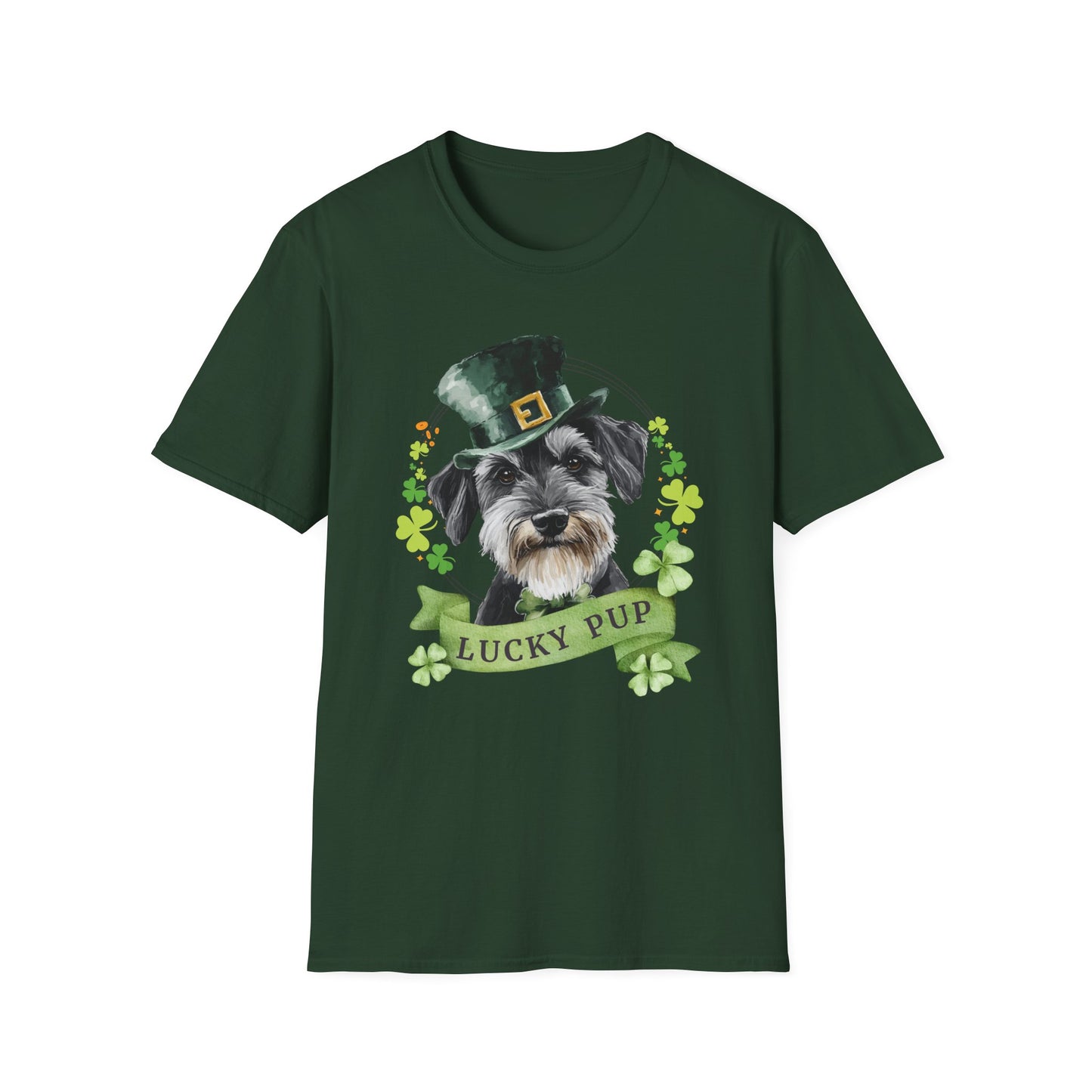 St. Patrick’s Day t-shirt featuring a Papillon dog with a shamrock garland and festive Irish design