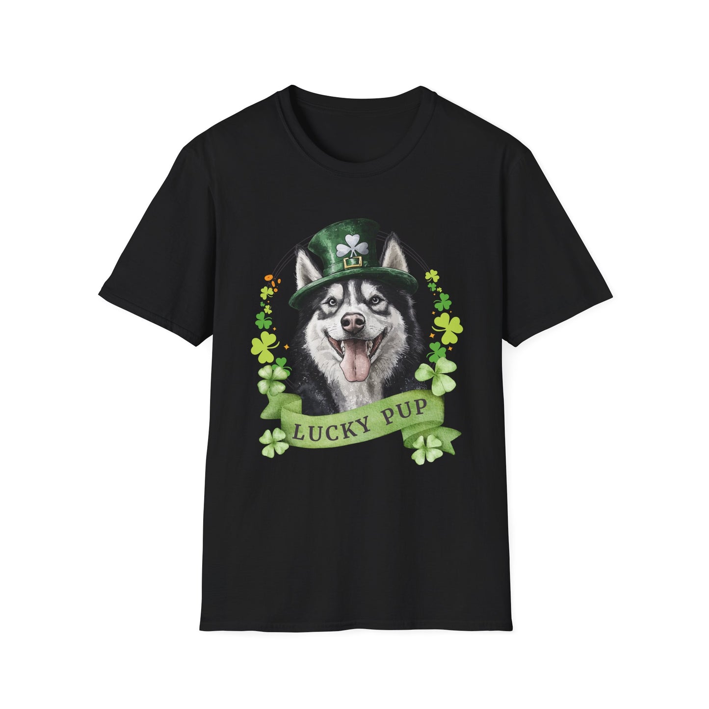 St. Patrick’s Day t-shirt gift for dog lovers featuring Siberian Husky dog with a shamrock garland and festive Irish design, black