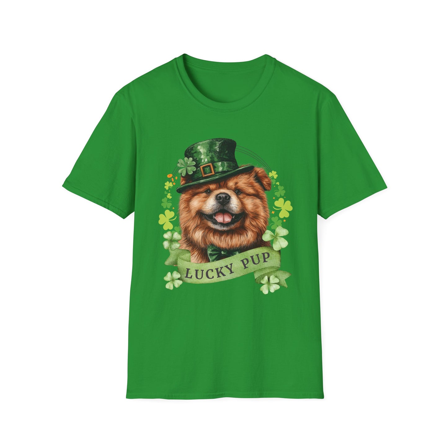 St. Patrick’s Day irish green t-shirt gift for dog lovers featuring a Chow Chow dog with a shamrock garland and festive Irish design