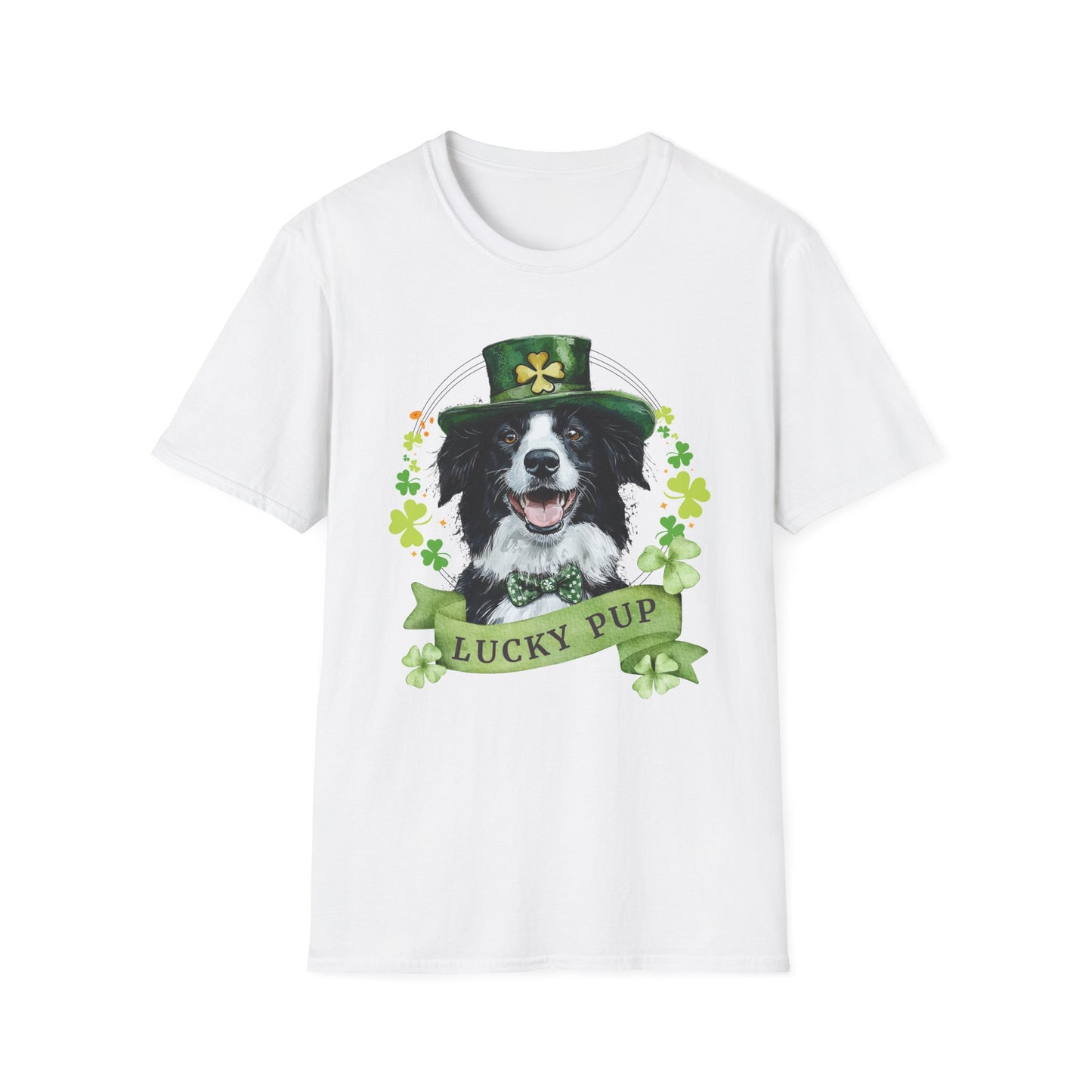 St. Patrick’s Day t-shirt featuring a Border Collie dog with a shamrock garland and festive Irish design