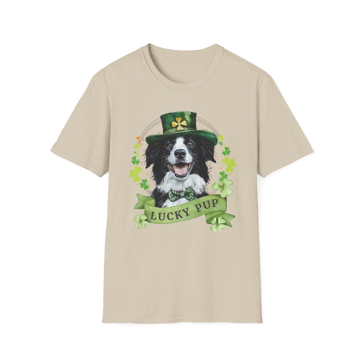 St. Patrick’s Day t-shirt featuring a Border Collie dog with a shamrock garland and festive Irish design