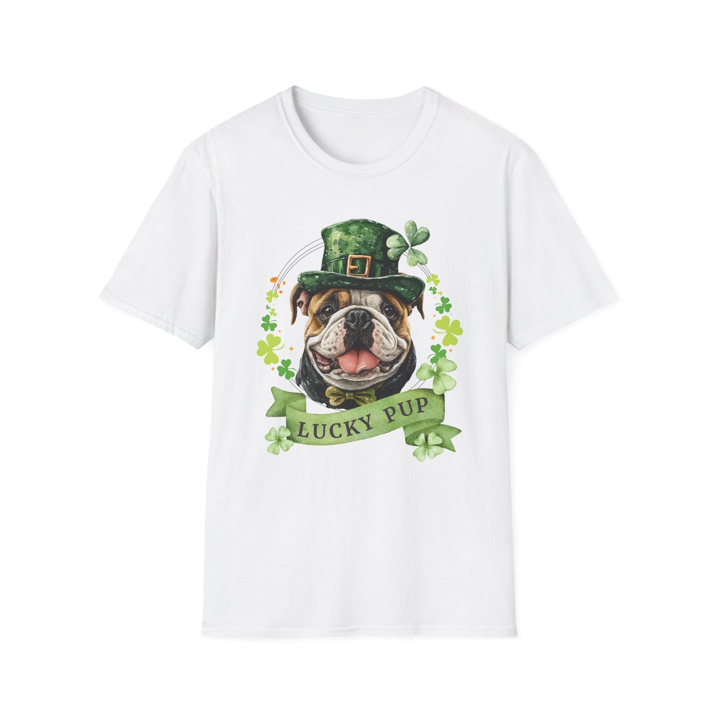 St. Patrick’s Day t-shirt featuring a English bulldog with a shamrock garland and festive Irish design