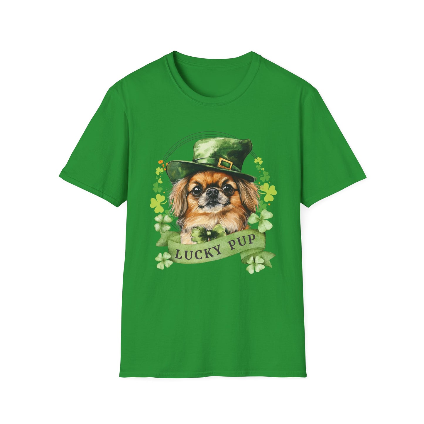 St. Patrick’s Day irish green t-shirt gift for dog lovers featuring a Pekingese dog with a shamrock garland and festive Irish design