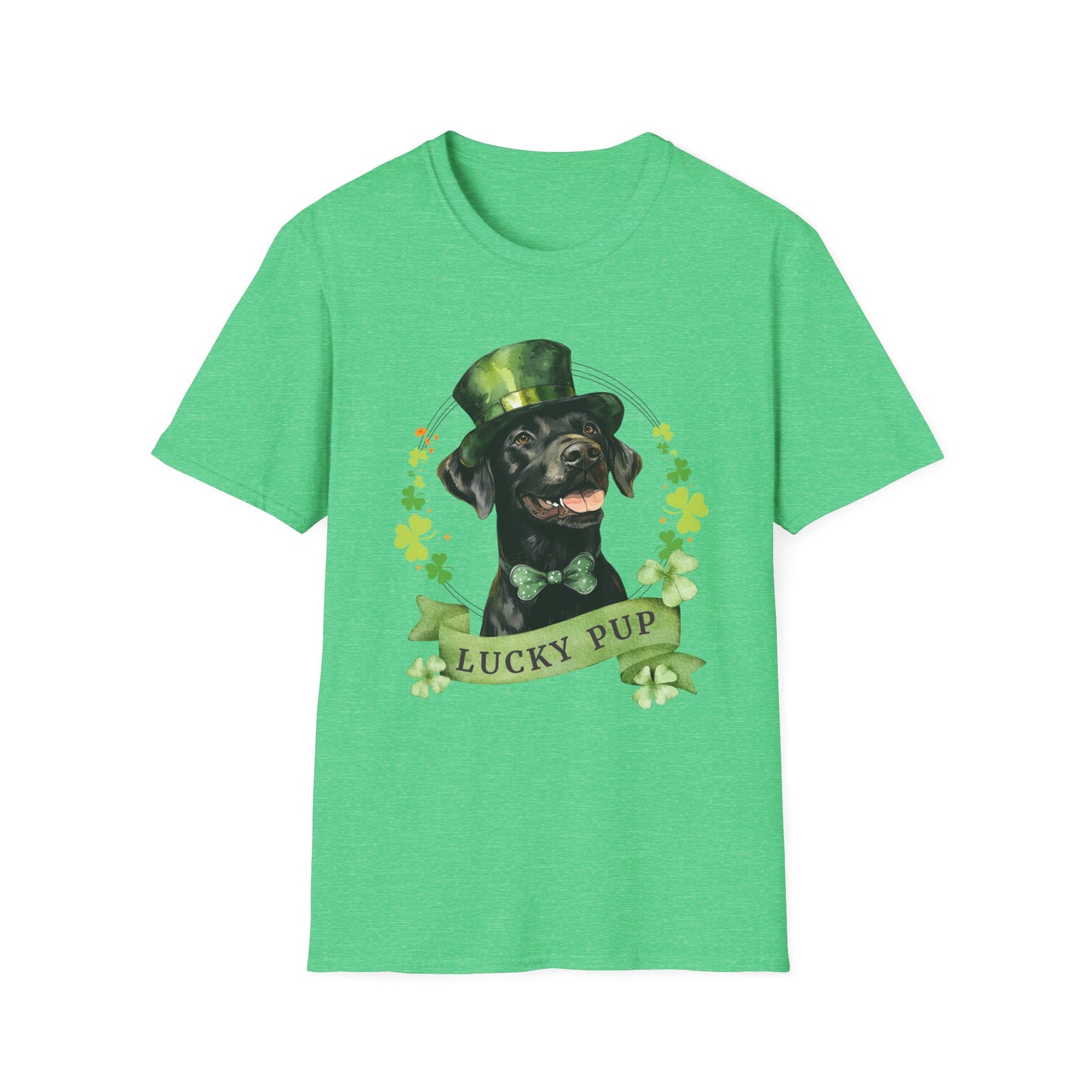 St. Patrick’s Day t-shirt featuring a Black Labrador Retriever dog with a shamrock garland and festive Irish design kelly green heather