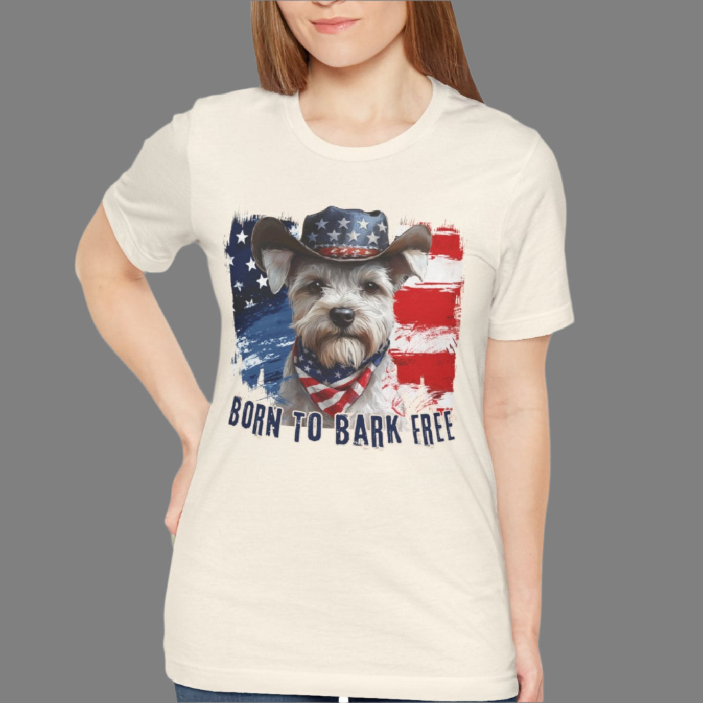 White Schnauzer Patriotic T-Shirt "Born to Bark Free" - Dog-Themed Patriotic Design