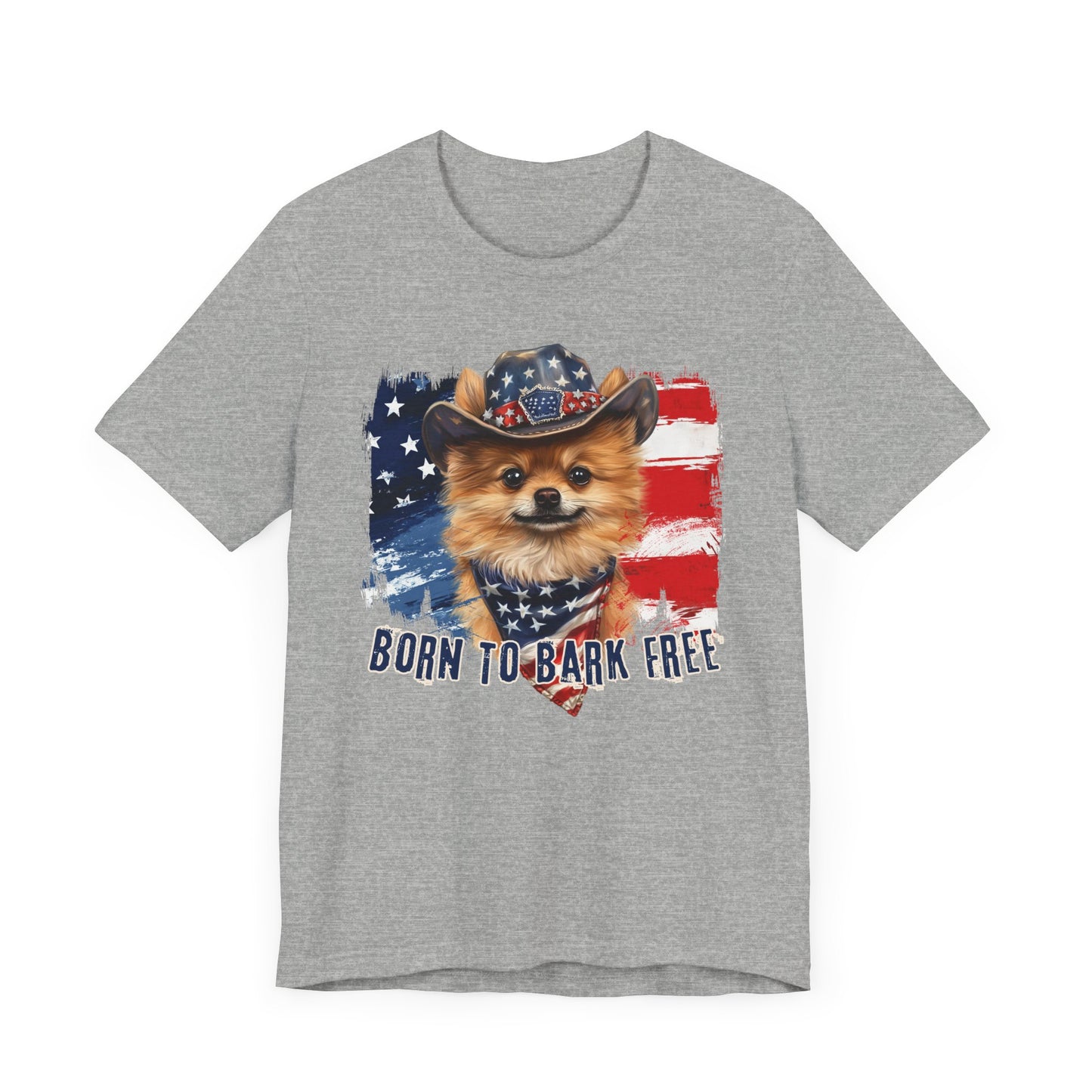 Pomeranian Patriotic T-Shirt "Born to Bark Free" - Dog-Themed Patriotic Design