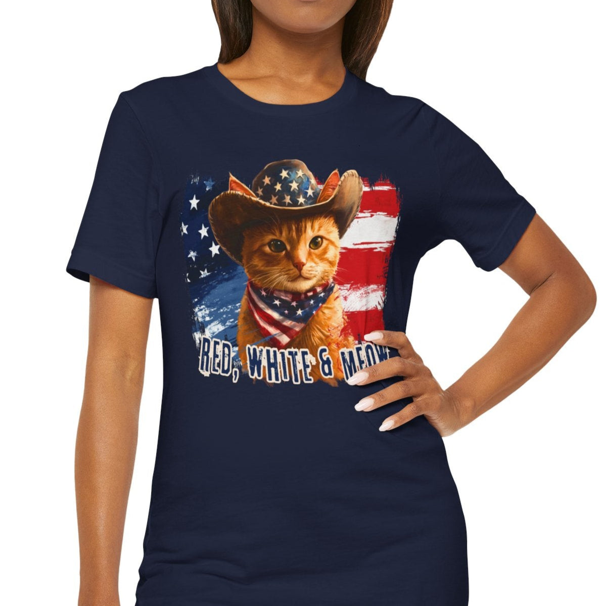Ginger Cat Patriotic T-Shirt "Red, White & Meow" - Cat-Themed Patriotic Design