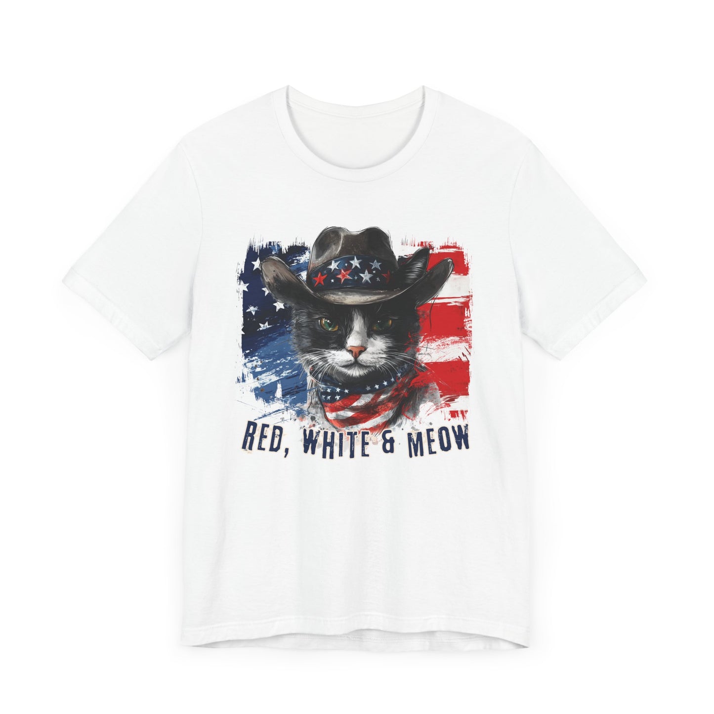 Black and White Cat Patriotic T-Shirt "Red, White & Meow" - Cat-Themed Patriotic Design