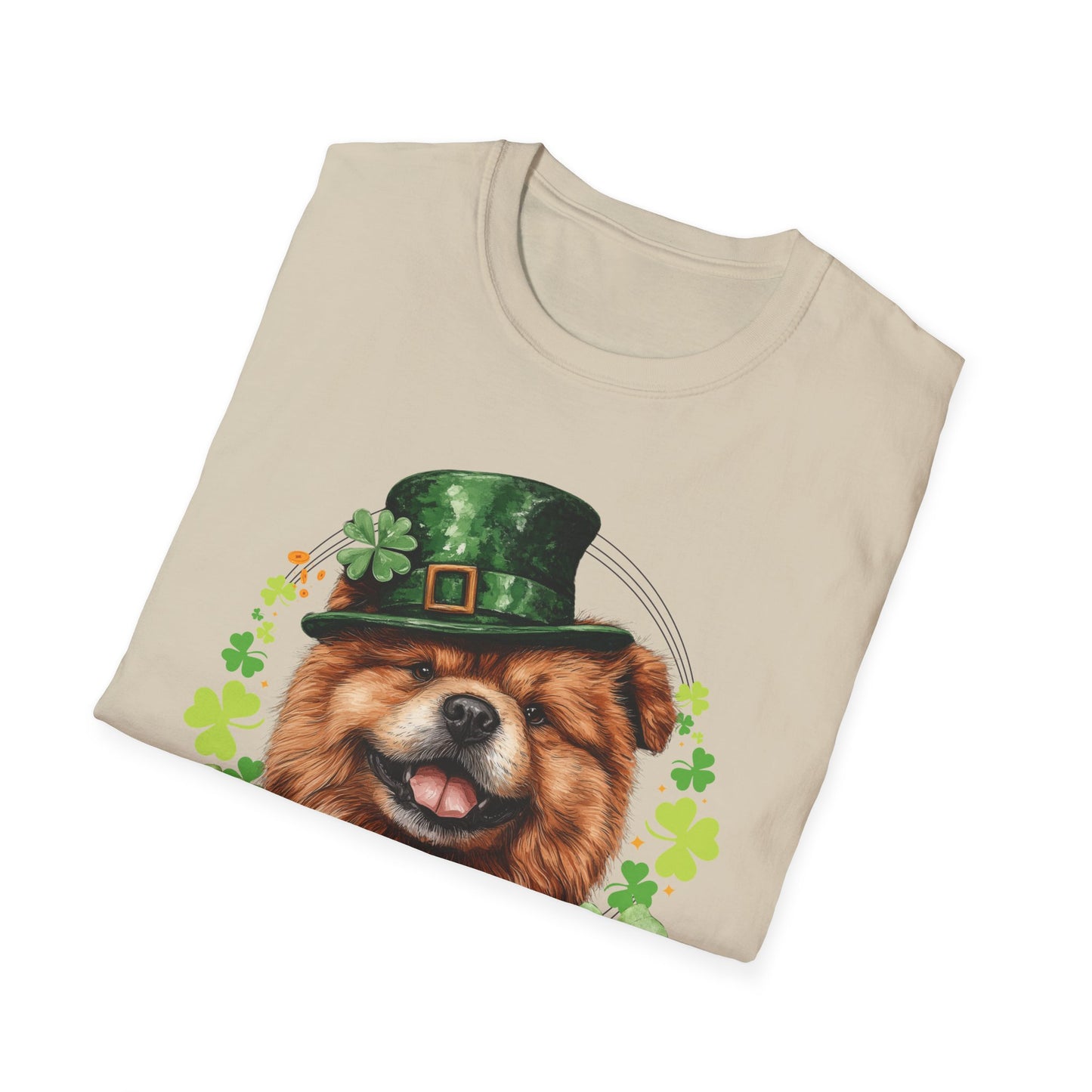 St. Patrick’s Day folded t-shirt gift for dog lovers featuring a Chow Chow dog with a shamrock garland and festive Irish design