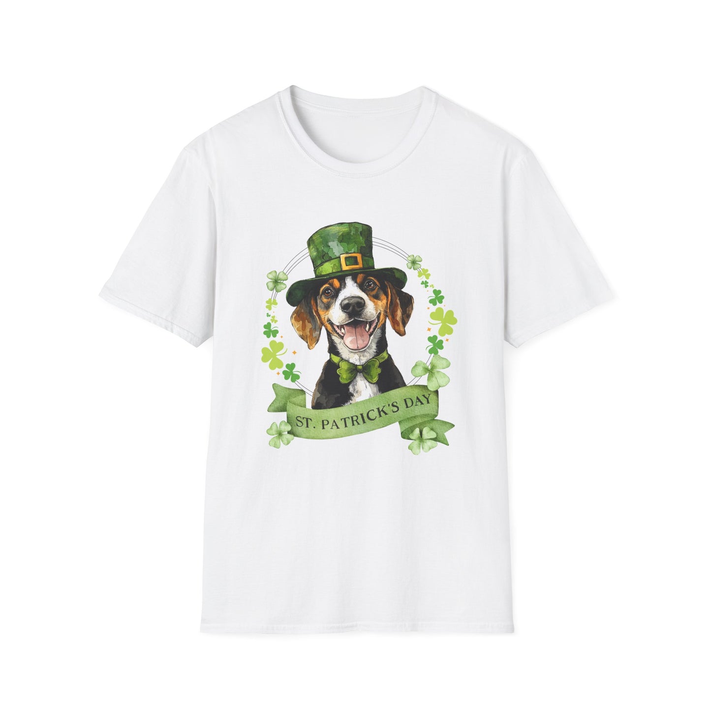 St. Patrick’s Day white t-shirt featuring a Beagle dog with a shamrock garland and festive Irish design