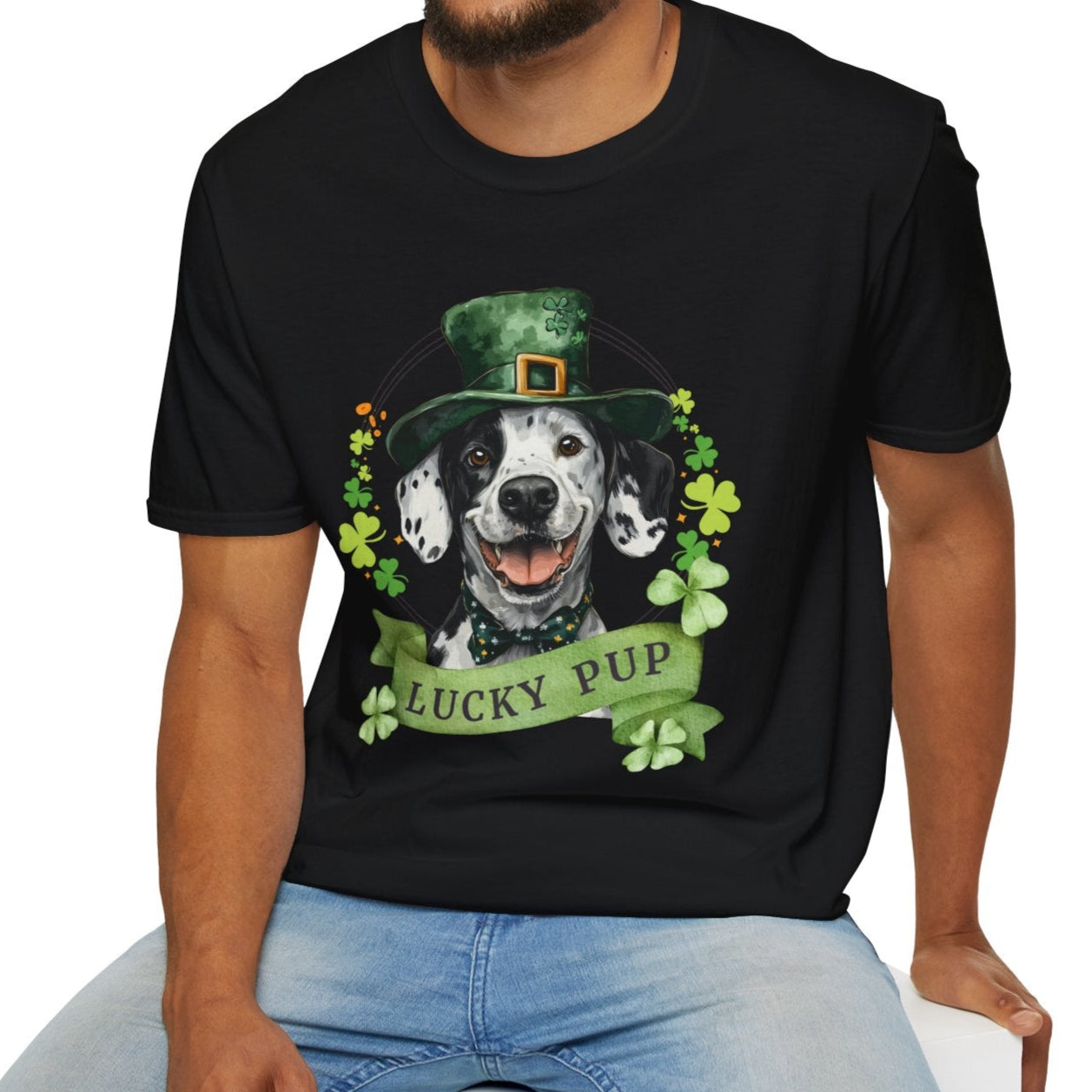 Person wearing a St. Patrick’s Day dog t-shirt with a lucky shamrock print, great for dog lovers, dalmatian dog lover st. patrick's day tee