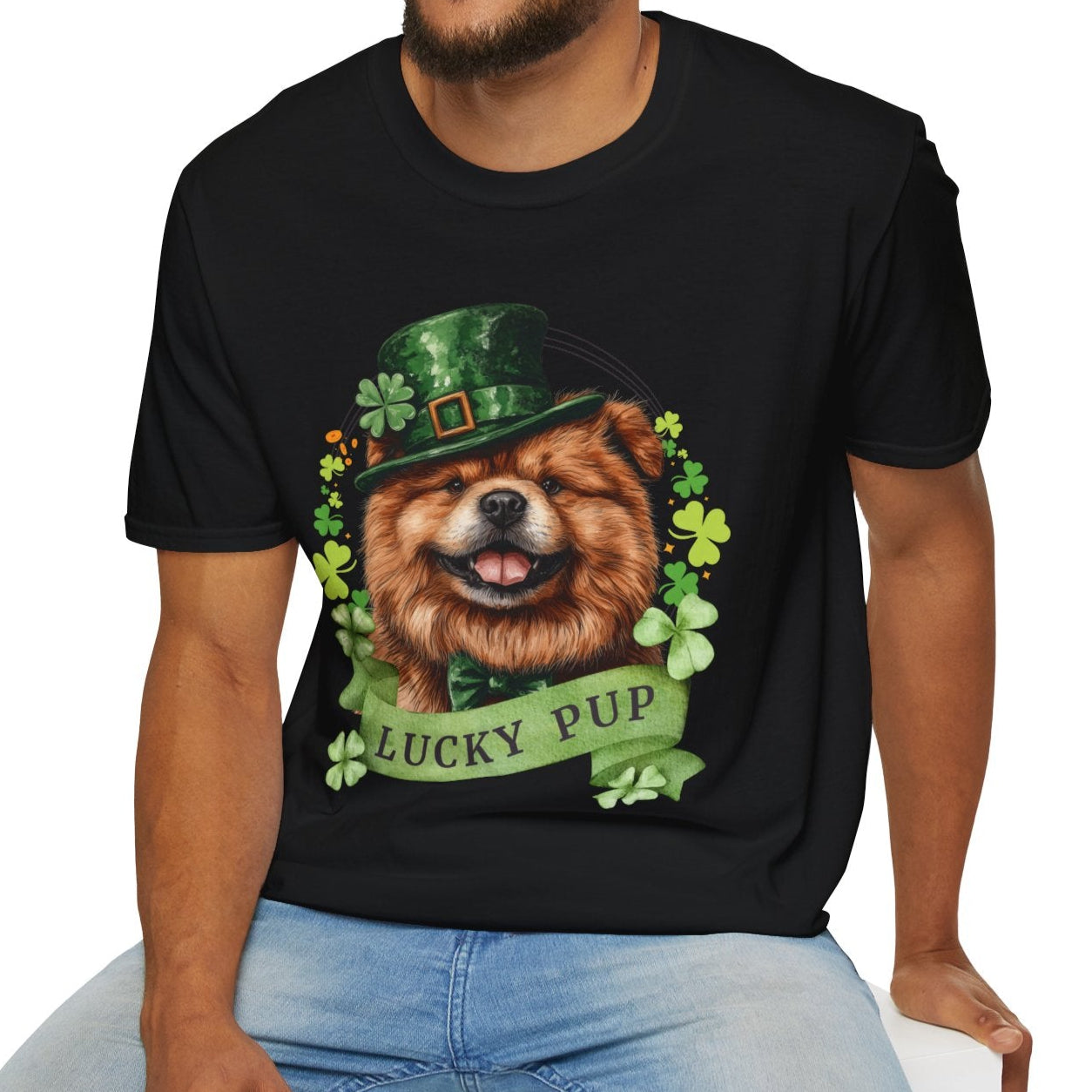 A man in a St. Patrick’s Day black t-shirt gift for dog lovers featuring a Chow Chow dog with a shamrock garland and festive Irish design