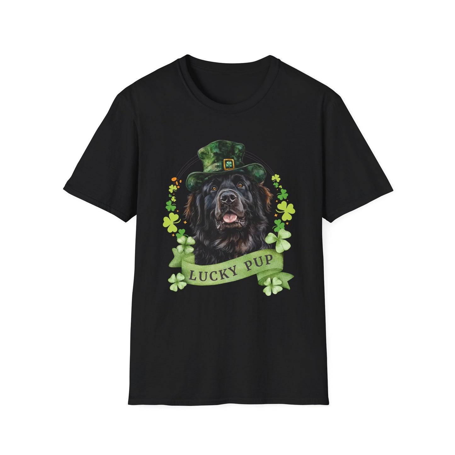 St. Patrick’s Day newfoundland dog black t-shirt with a lucky shamrock print, great for dog lovers