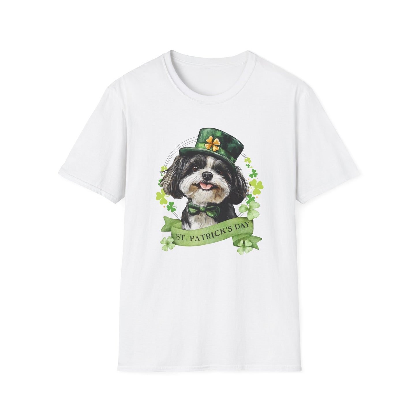 St. Patrick’s Day white t-shirt featuring a shih tzu dog with a shamrock garland and festive Irish design