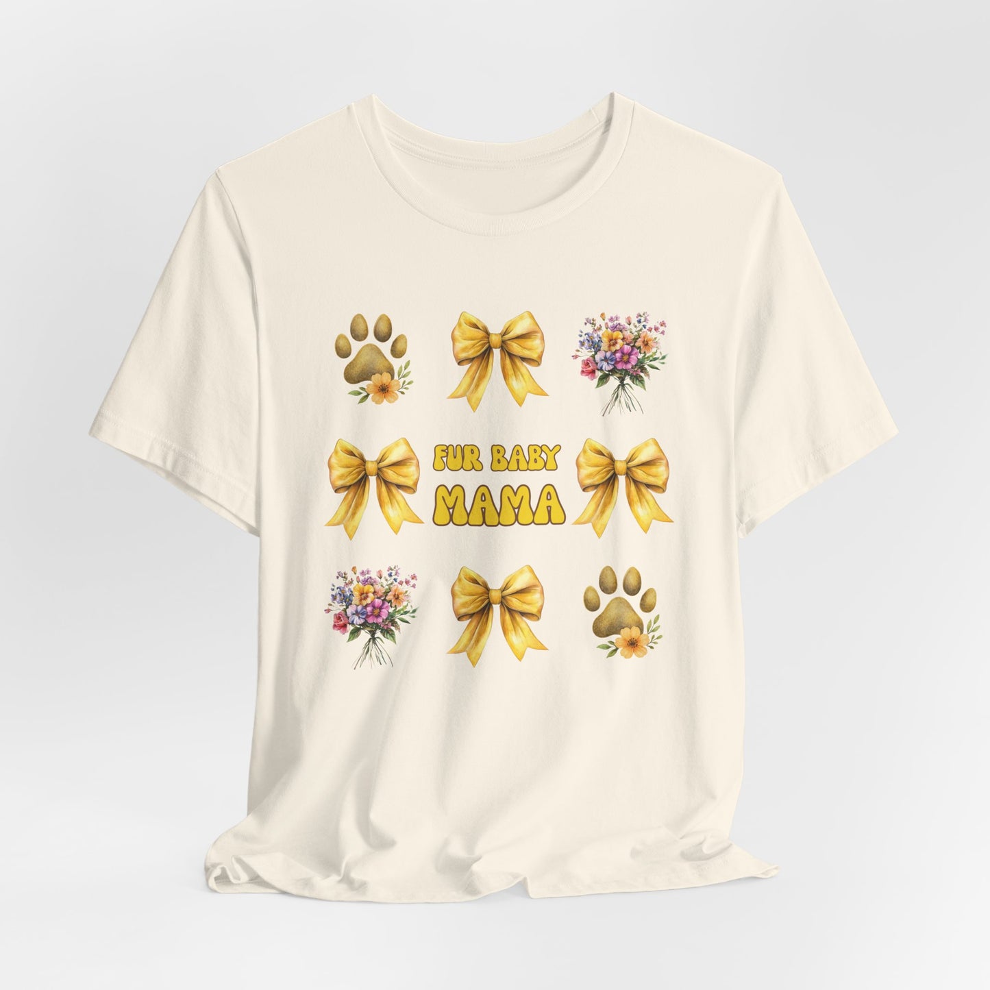 Fur Baby Mama T-Shirt – Soft Cotton Tee with Yellow Bows – Gift for Pet Moms