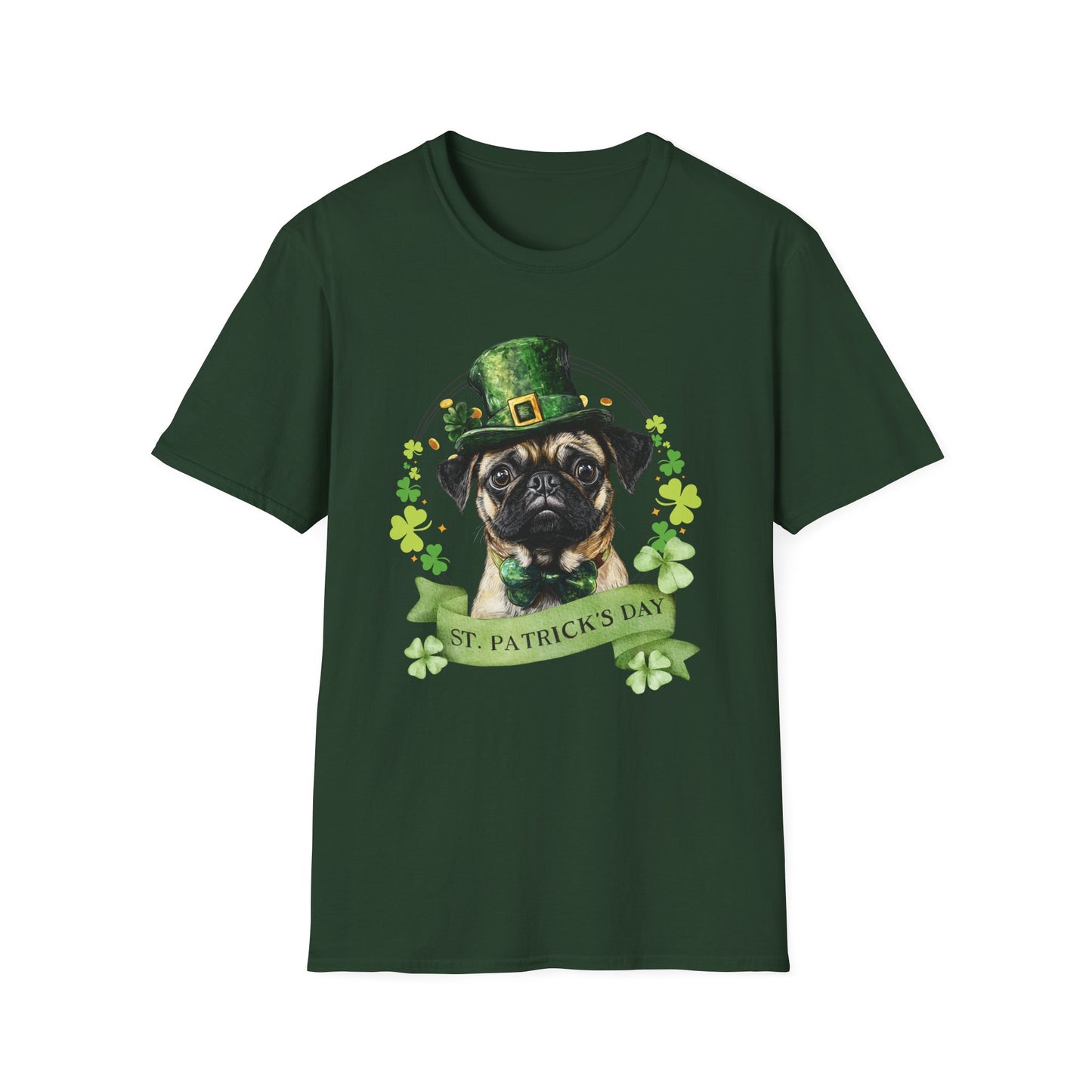 St. Patrick’s Day forest green t-shirt featuring a pug dog with a shamrock garland and festive Irish design