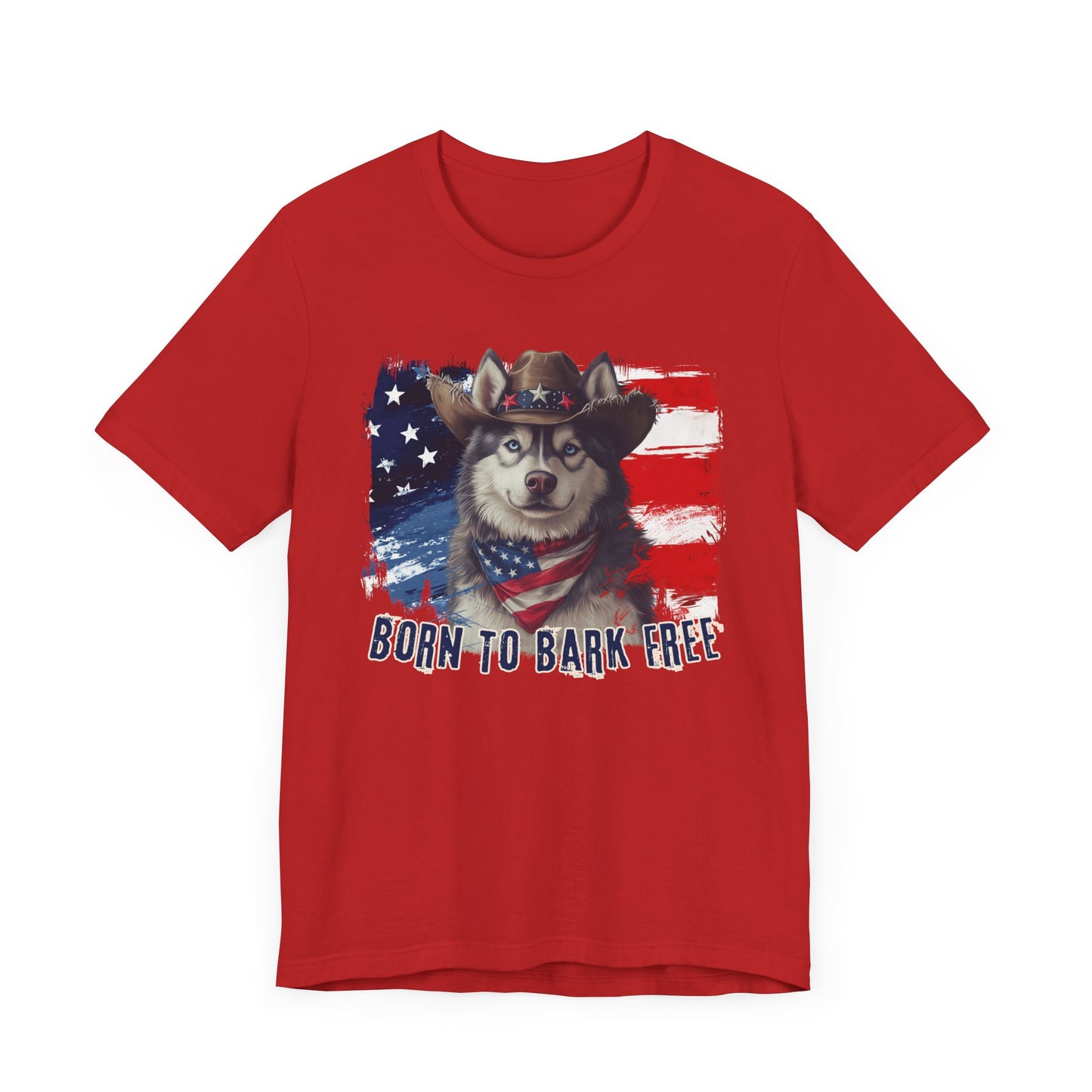 Siberian Husky Patriotic T-Shirt "Born to Bark Free" - Dog-Themed Patriotic Design