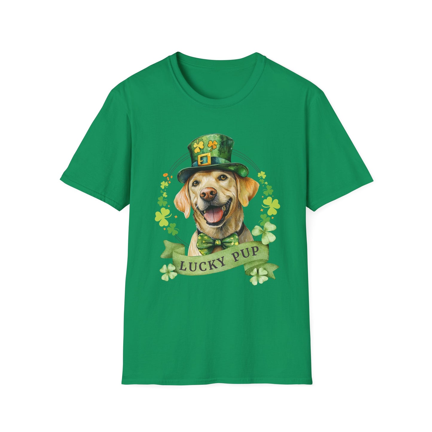 St. Patrick’s Day t-shirt featuring a yellow labrador retriever dog with a shamrock garland and festive Irish design