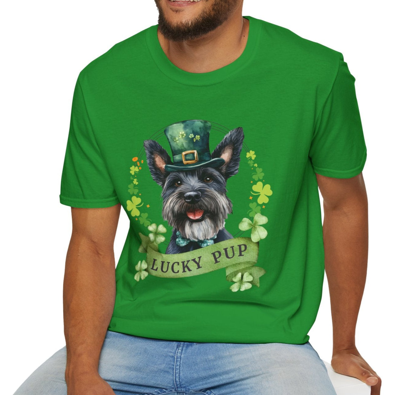 A person wearing St. Patrick’s Day scottish terrier dog irish green t-shirt with a lucky shamrock print, great for dog lovers