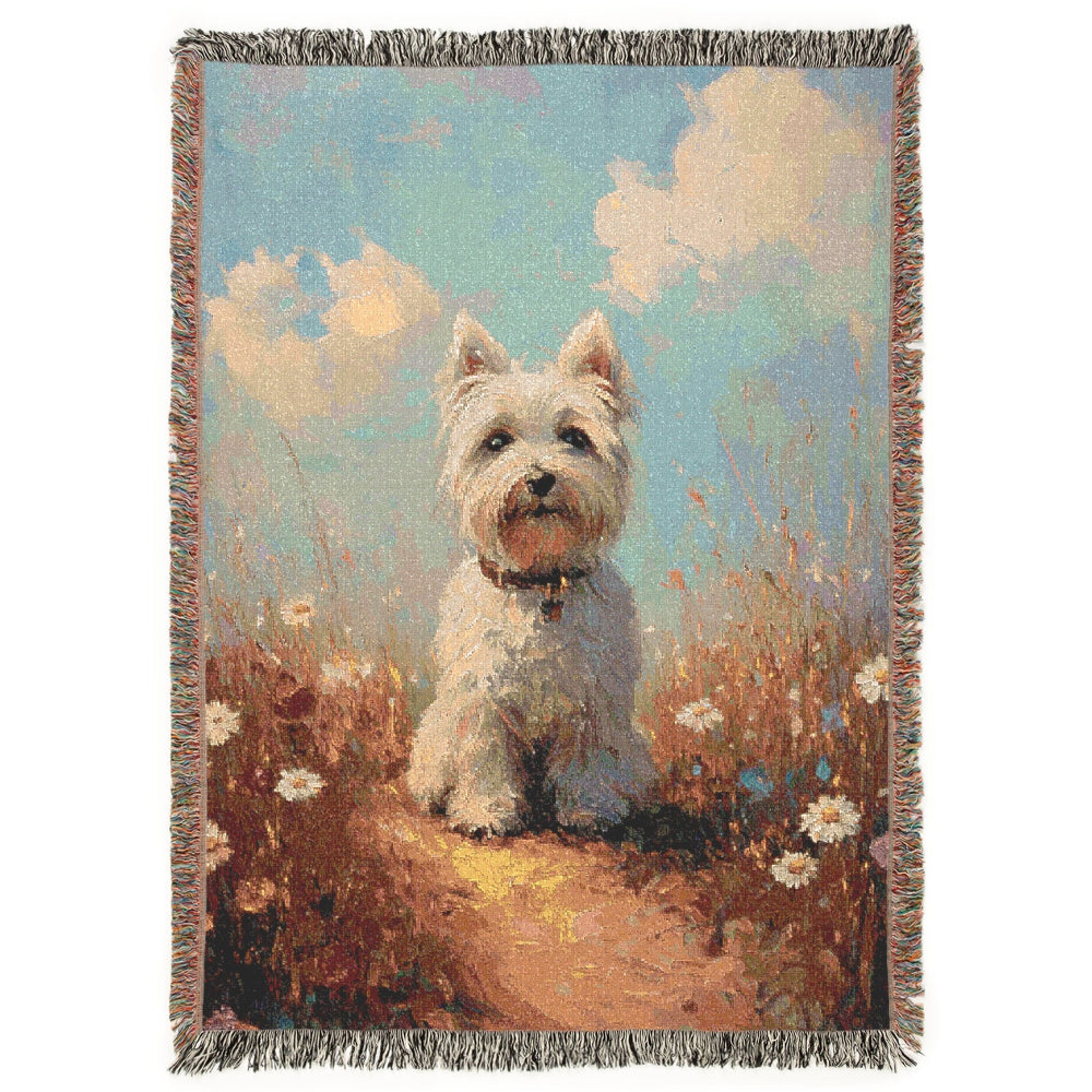 woven blanket featuring westie in the meadow