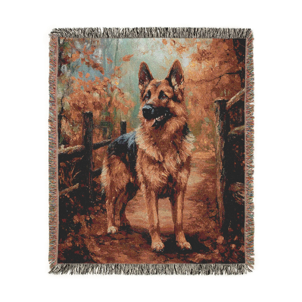 German Shepherd on a Woodland Path – Woven Blanket - Floral Dog Design for Home Comfort