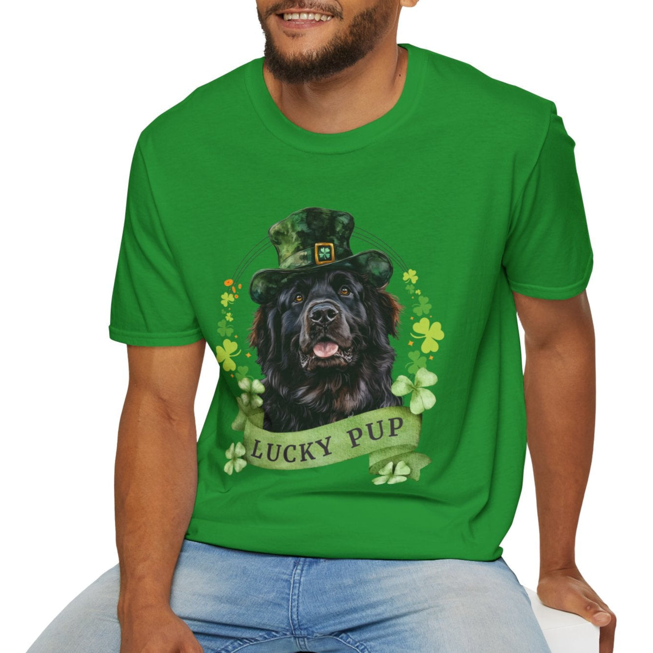 A person wearing St. Patrick’s Day newfoundland dog t-shirt with a lucky shamrock print, great for dog lovers