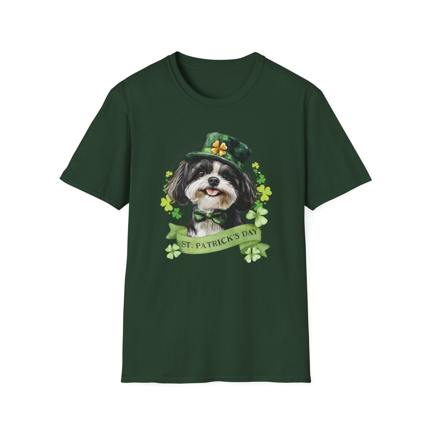 St. Patrick’s Day forest green t-shirt featuring a shih tzu dog with a shamrock garland and festive Irish design