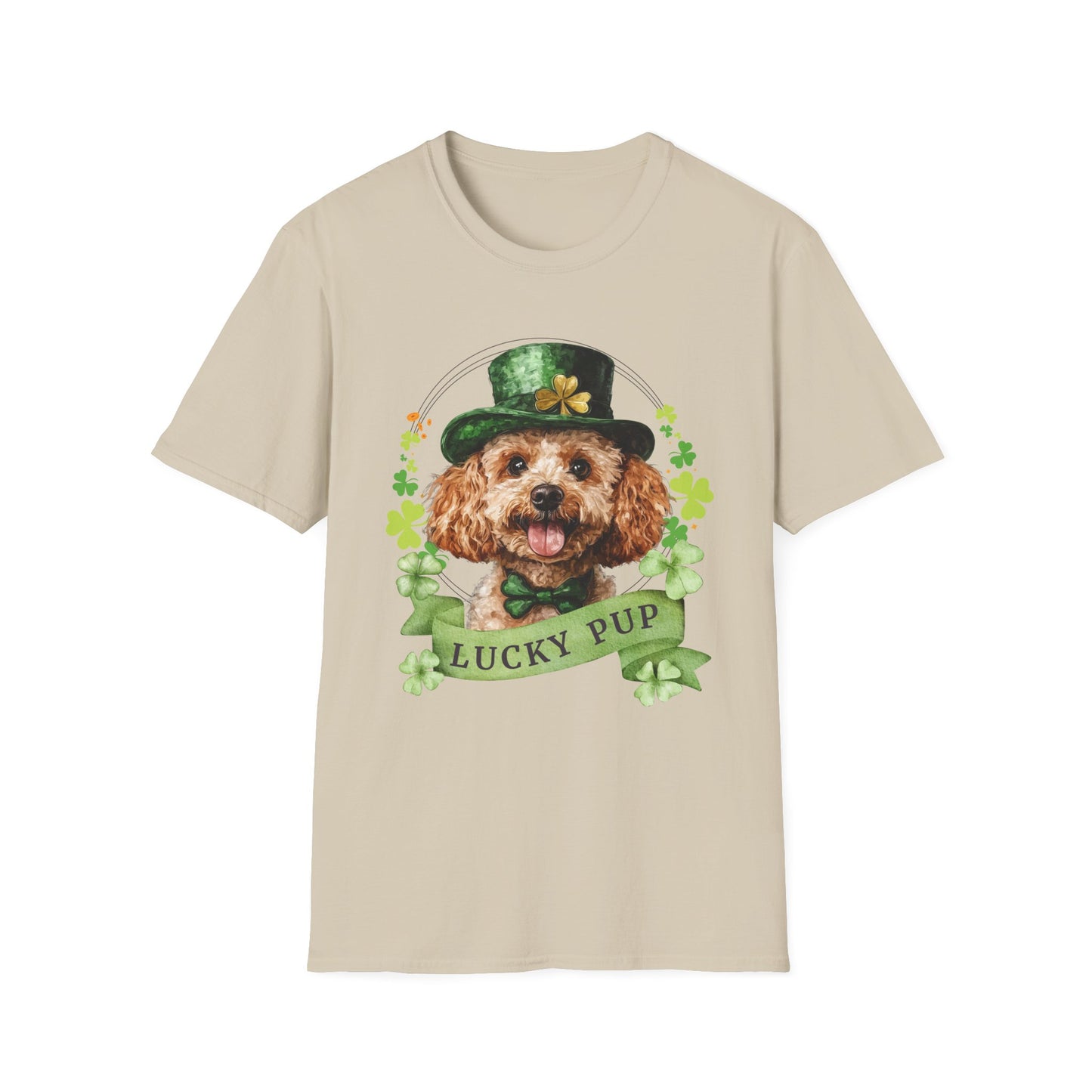 St. Patrick’s Day sand t-shirt gift for dog lovers featuring a toy poodle dog with a shamrock garland and festive Irish design