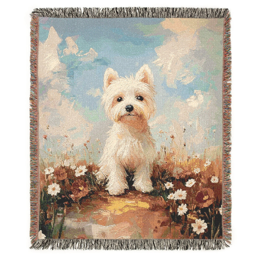 woven blanket with westie in the meadow