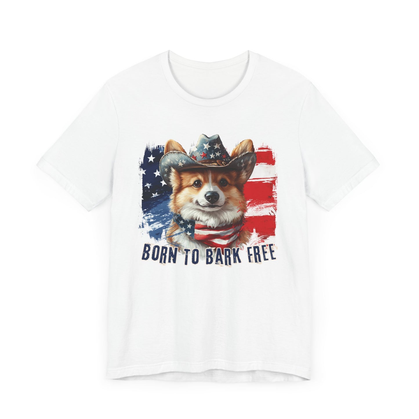 Corgi Patriotic T-Shirt "Born to Bark Free" - Dog-Themed Patriotic Design