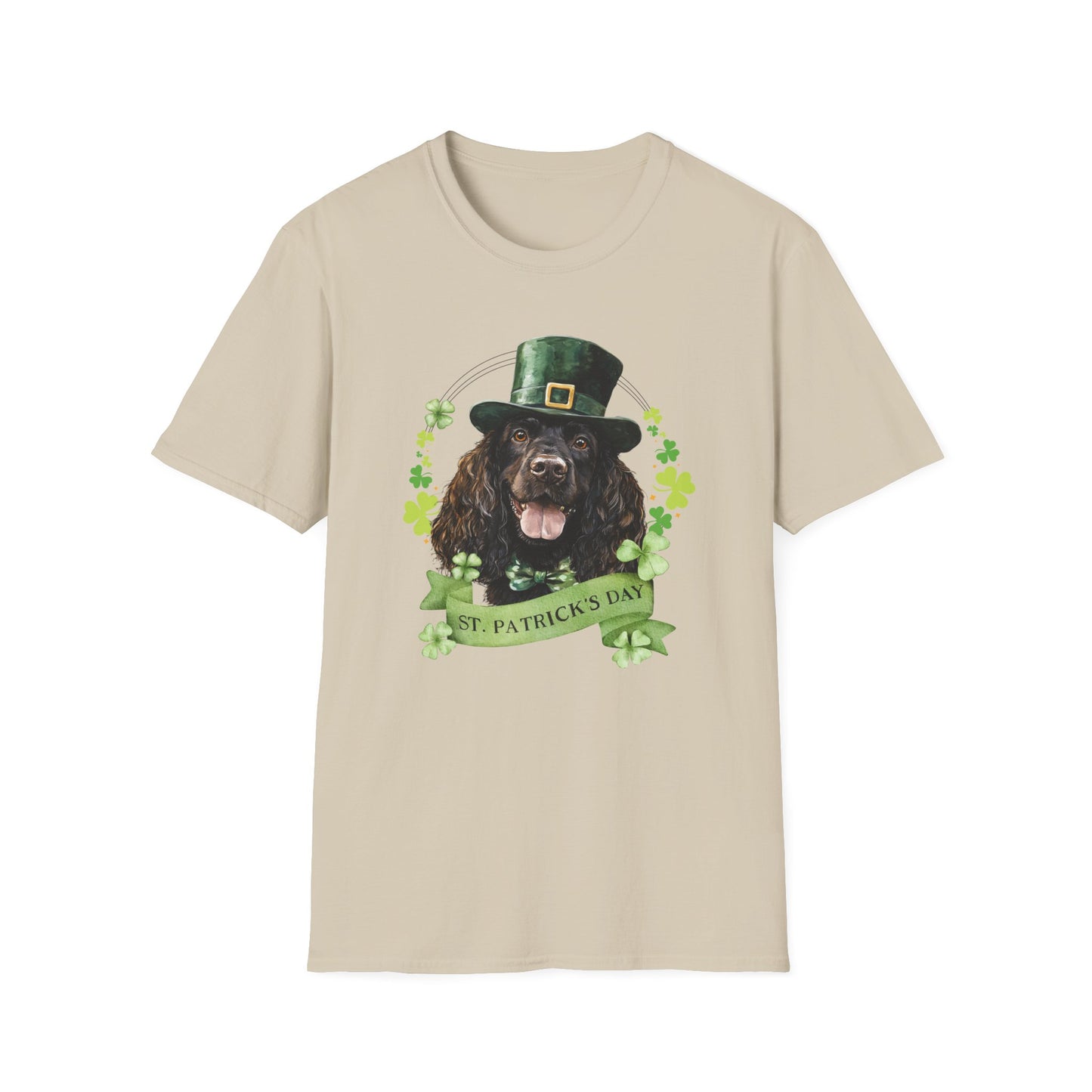 St. Patrick’s Day t-shirt featuring an Irish Water Spaniel with a shamrock garland and festive Irish design
