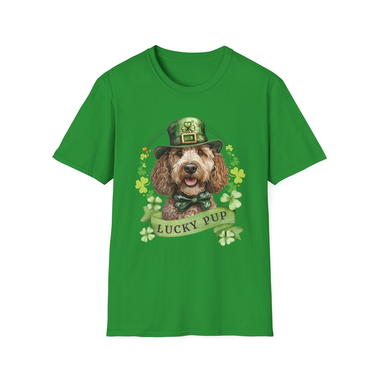 irish green St. Patrick’s Day t-shirt featuring a labradoodle dog with a shamrock garland and festive Irish design