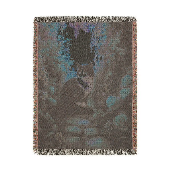 Black and White Cat in an Enchanted Garden – Woven Blanket - Floral Cat Design for Home Comfort - Customization available
