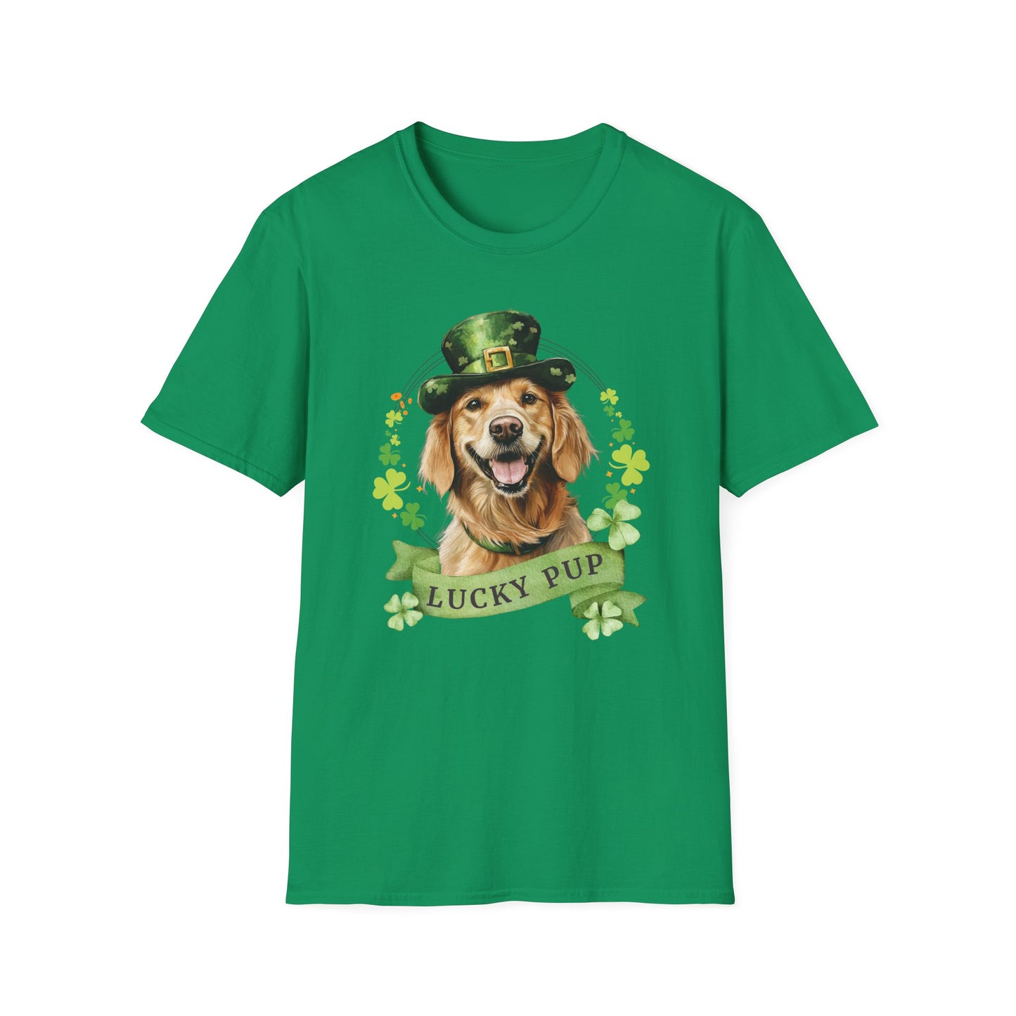 St. Patrick’s Day kelly green t-shirt featuring a golden retriever dog with a shamrock garland and festive Irish designan